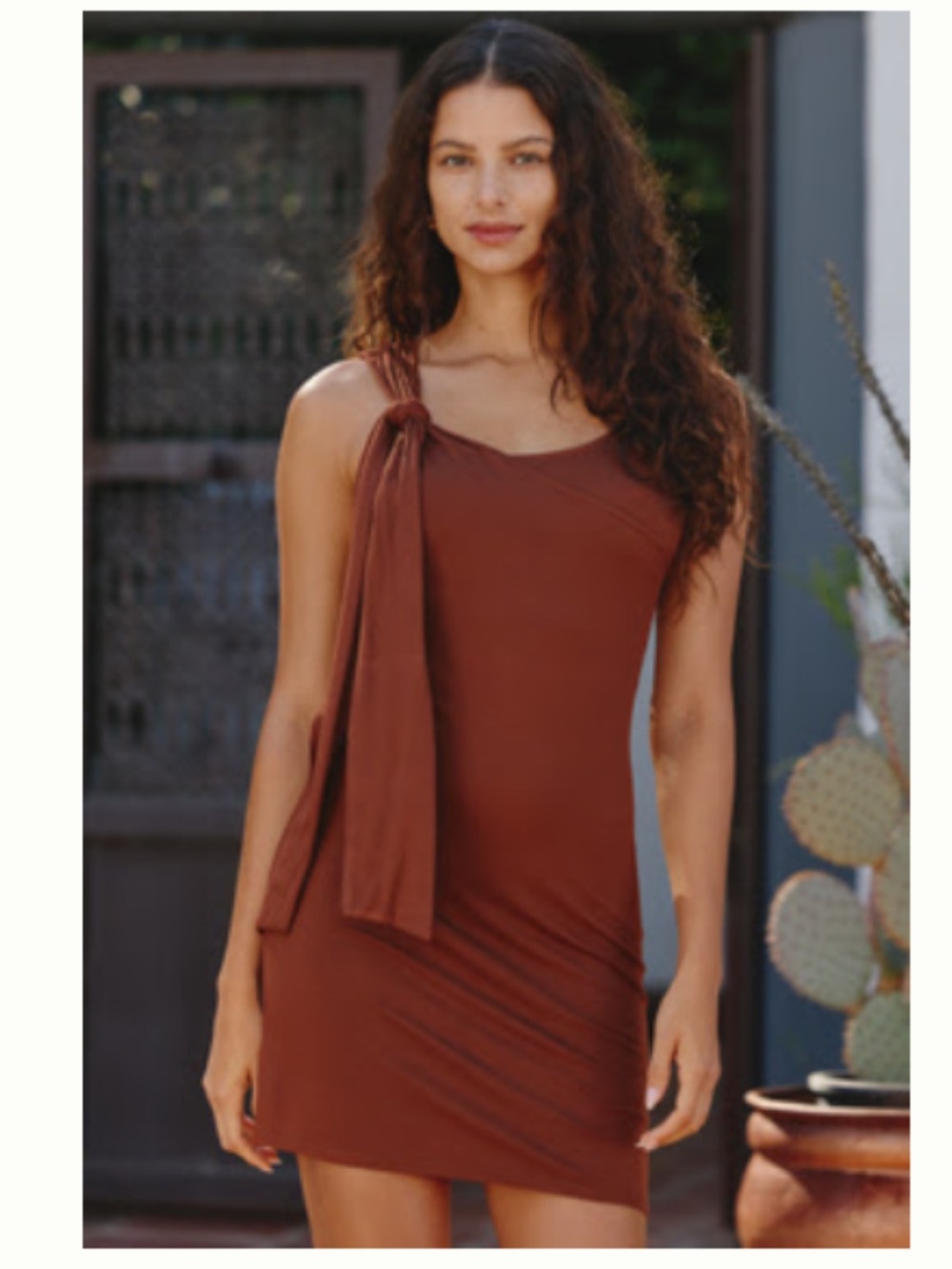 Anthropologie Chestnut One-Shoulder Tie-Shoulder Mini Dress